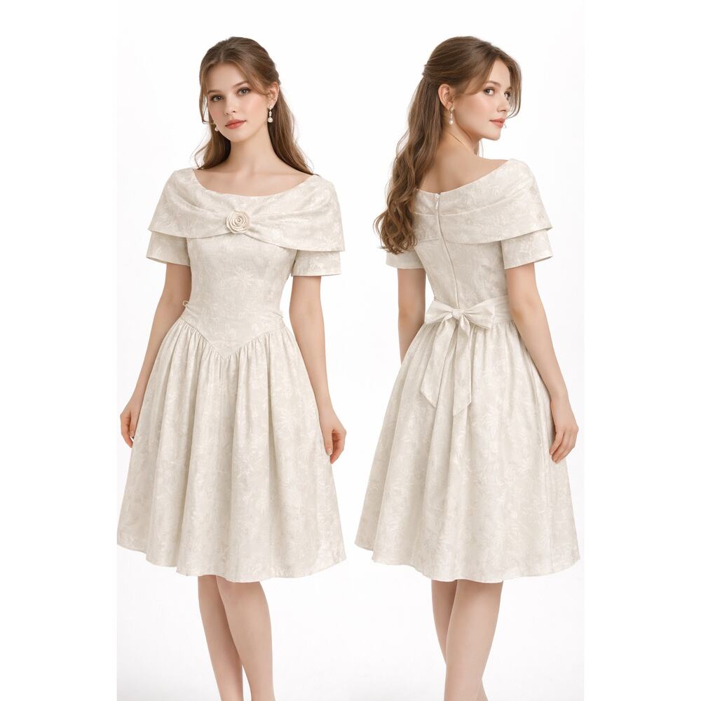 Vintage 1980's D.B.Y White Jacquard Portrait Collar Dress Rosette size small